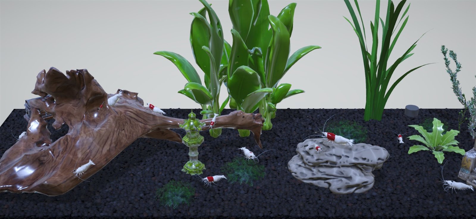 A planted aquarium in CS Tank: Crystal Shrimp, with crystal shrimp climbing driftwood and grazing around a stone lantern, sword plants and a flat rock on dark soil